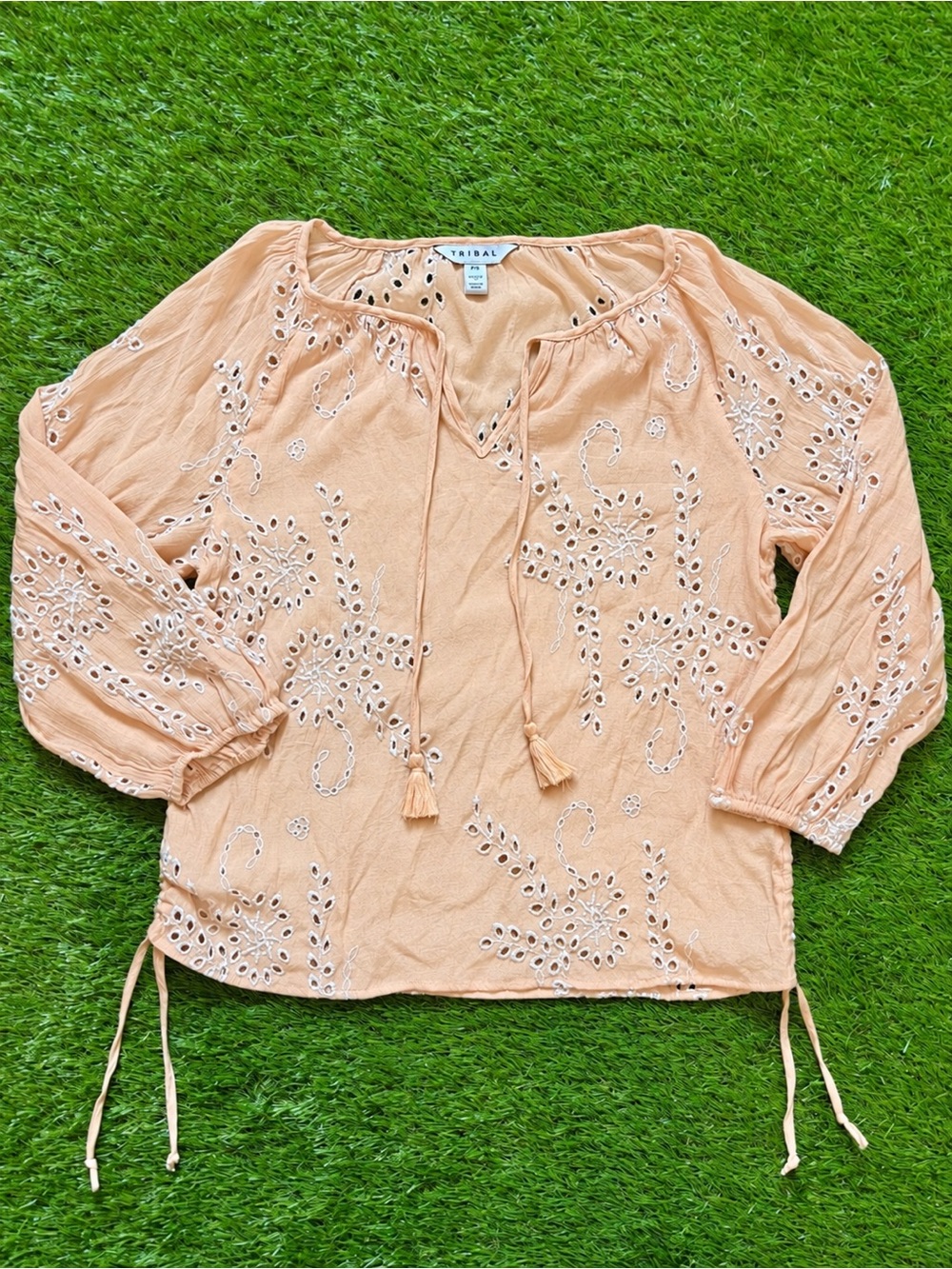 Tribal Peach Embroidered Eyelet Boho Blouse Small